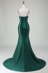 Dunkelgrünes Meerjungfrauen Spaghettiträger Abendkleid